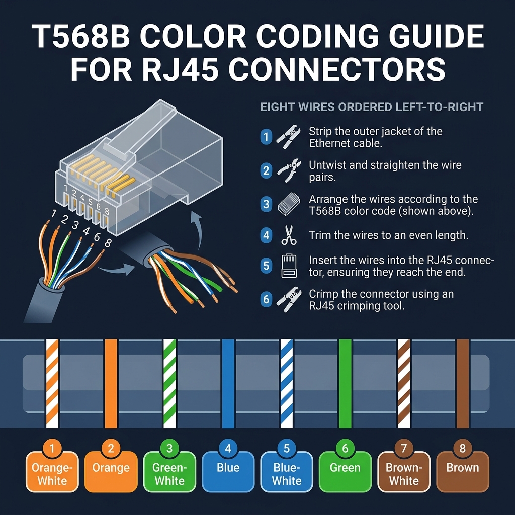 מדריך סידור גידים RJ45 לפי תקן T568B